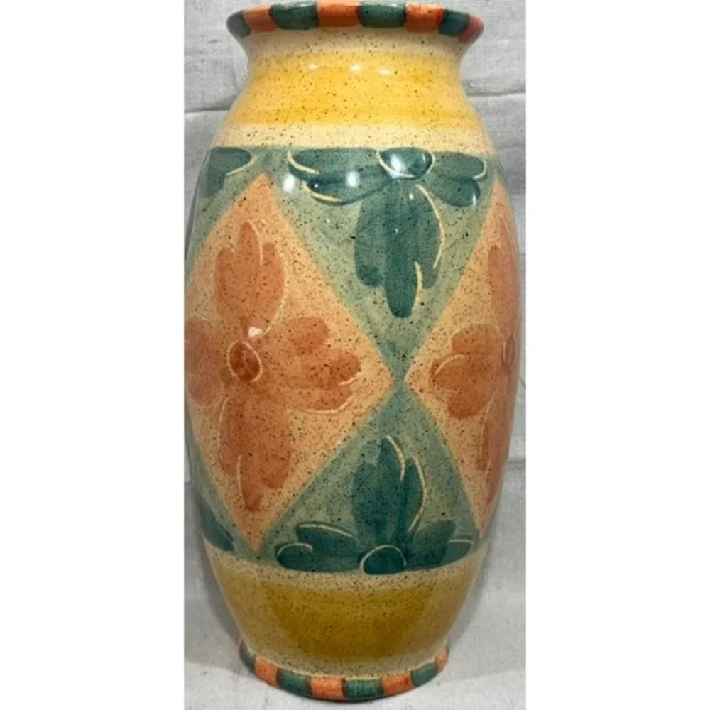 Horchow Italy Hand Painted Ceramic Vase Floral Geometric Art Pottery 14